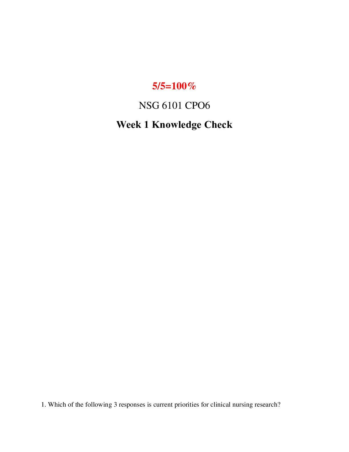 Preview image for NSG 6101 Week 1 Knowledge Check (Questions and Answers)